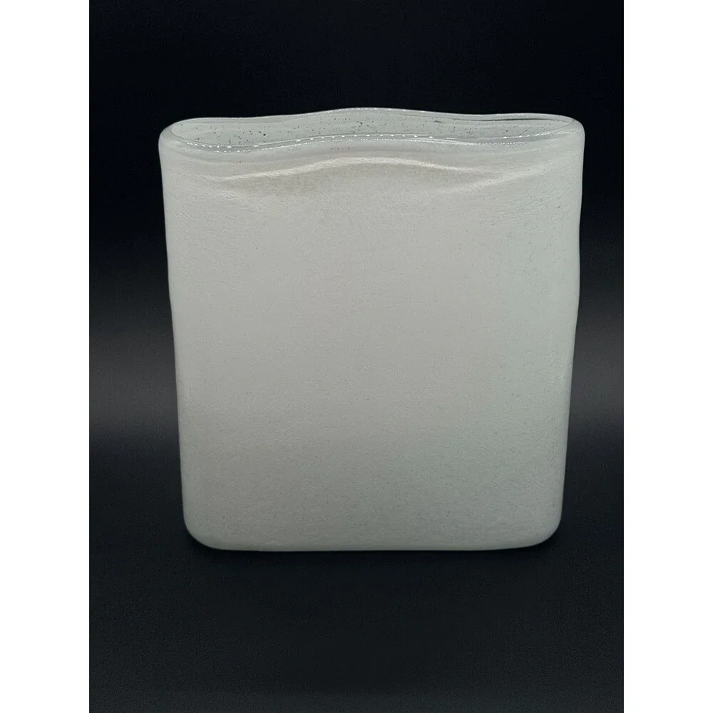 VTG White Enamel Mottled Glass Flat Pillow Vase 8.5